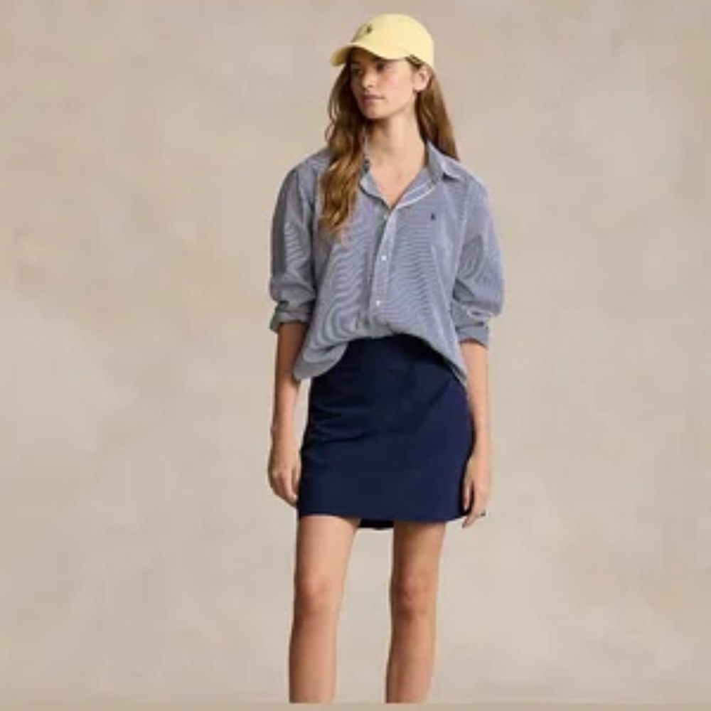 Ralph Lauren 14 Petite Pleated Navy Blue Preppy Structured Twill Cotton Skirt